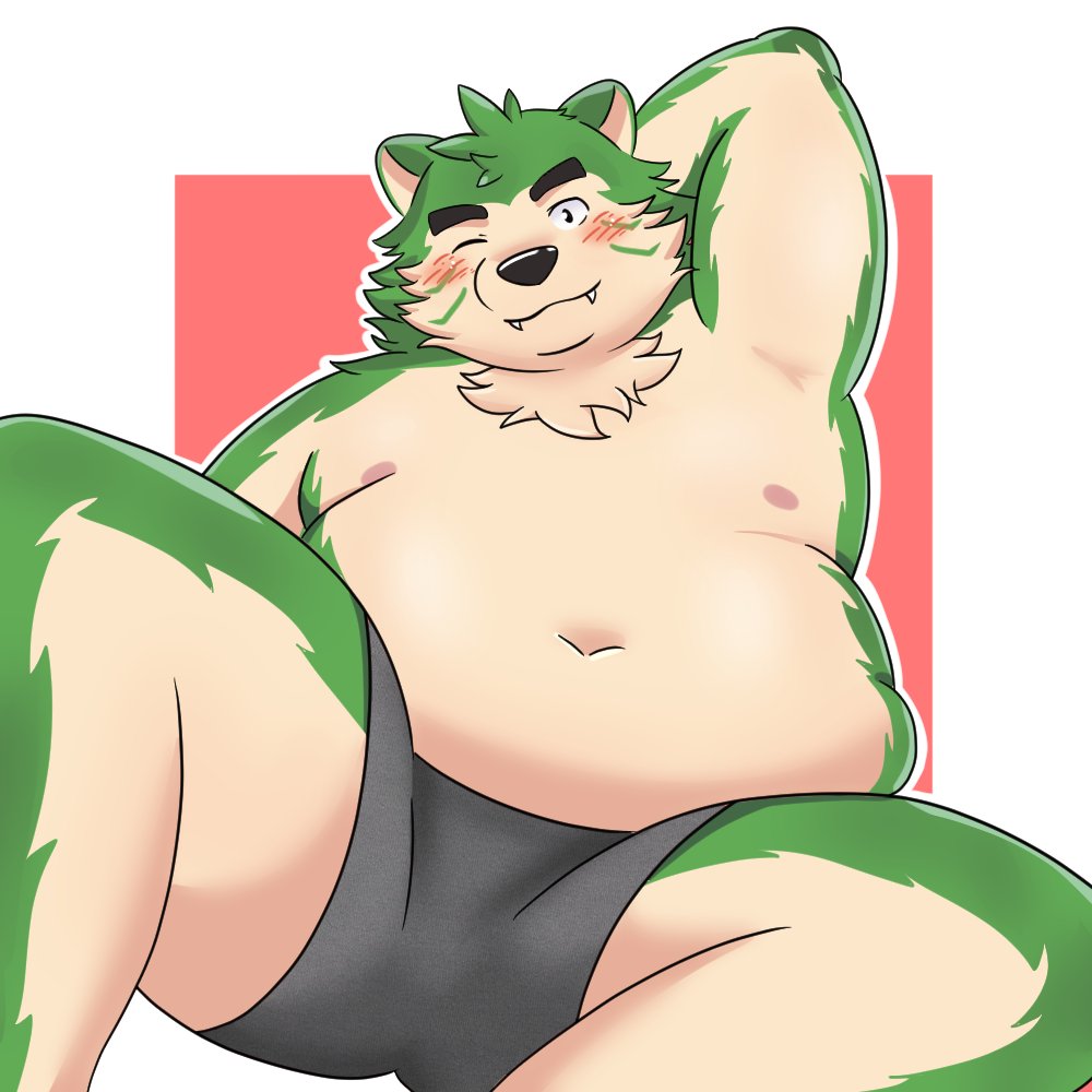 2022 anthro belly big_belly black_nose blush canid canine canis clothing cute_fangs domestic_dog green_body hmkeito kemono lifewonders live-a-hero male mammal mokdai moobs navel nipples one_eye_closed overweight overweight_male sitting solo underwear video_games wink