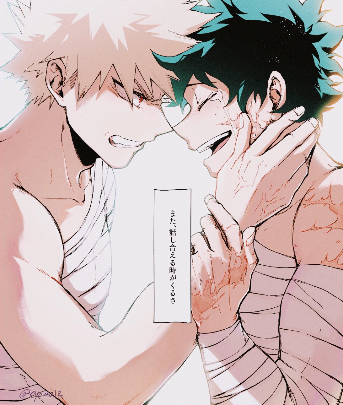 2boys angry bakugou_katsuki bandaged_arm bandages blonde_hair boku_no_hero_academia cho_mo_futoshi clenched_teeth closed_eyes crying freckles green_hair hand_on_another's_head highres holding_another's_wrist looking_at_another male_focus midoriya_izuku multiple_boys open_mouth profile red_eyes scar scar_on_arm scar_on_face scar_on_hand simple_background spiked_hair teeth topless_male twitter_username veiny_hands white_background yaoi
