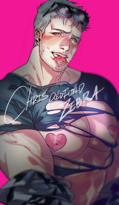 1boy abs bara black_shirt blue_eyes blush character_name chris_redfield condom condom_in_mouth condom_wrapper covered_nipples eyewear_on_head facial_hair gge_(gebback_dark) jacket large_pectorals looking_at_viewer male_focus mouth_hold muscular muscular_male nipples off_shoulder open_clothes open_jacket pectorals resident_evil resident_evil_5 shirt short_hair solo stubble sunglasses torn_clothes torn_shirt white_hair
