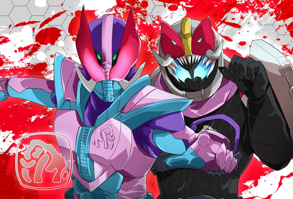 2boys animal_hood armor blue_eyes extra_eyes green_eyes hood kamen_rider kamen_rider_revi kamen_rider_revice kamen_rider_vice male_focus mammoth mammoth_genome miyabi_(037) multiple_boys pink_scarf pose red_eyes scarf sharp_teeth shoulder_armor splatter splatter_background teeth thumbs_up tusks vistamp