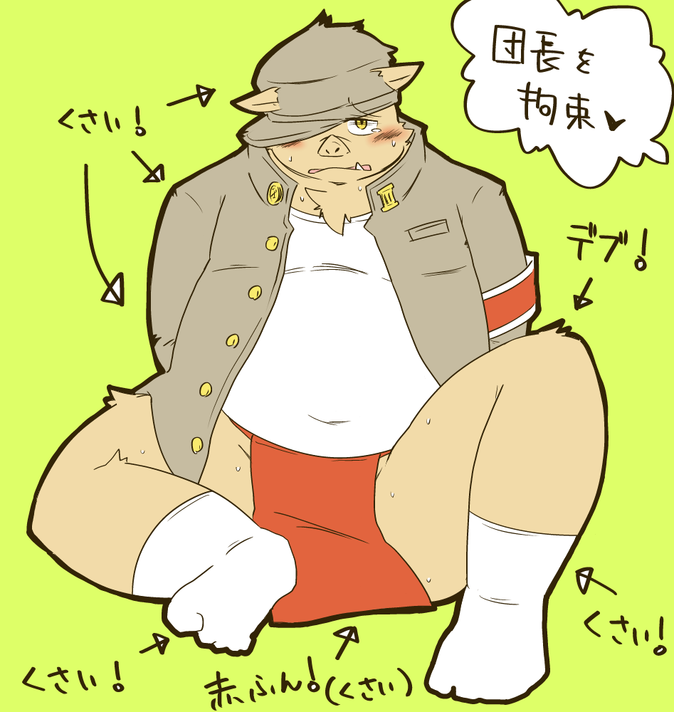 2013 anthro asian_clothing belly big_belly blush bodily_fluids clothing east_asian_clothing feet fundoshi green_background hat headgear headwear japanese_clothing japanese_text kemono male mammal overweight overweight_male red_clothing red_fundoshi red_underwear shirt simple_background solo suid suina sus_(pig) tears text topwear uchimaru underwear wild_boar