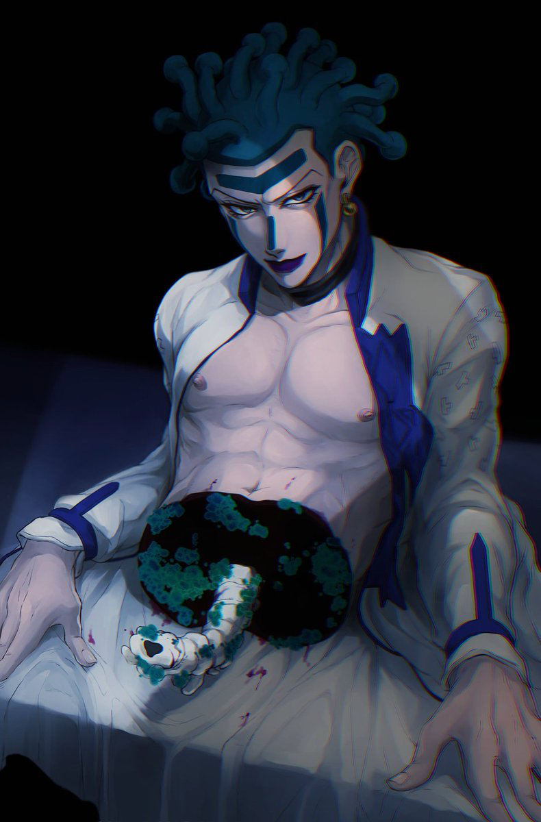 1boy arm_support bisected blood cioccolata deep_wound earrings facepaint facial_mark green_eyes green_hair guro highres hospital_0434 injury jacket jewelry jojo_no_kimyou_na_bouken large_pectorals looking_at_viewer makeup male_focus mold muscular muscular_male no_undershirt on_bed open_clothes open_jacket pectorals purple_lips severed_torso smirk solo spine stand_(jojo) vento_aureo white_jacket