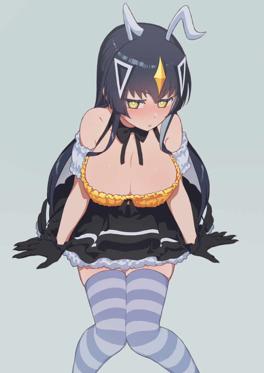 1girl :o bangs black_bow black_bowtie black_gloves black_hair blush bow bowtie breasts cleavage detached_sleeves dress eyebrows_visible_through_hair frilled_dress frills gloves grey_background hair_between_eyes hair_ornament headpiece highres himokawa_udon horns invisible_chair large_breasts long_hair looking_at_viewer original parted_lips simple_background sitting solo striped striped_legwear thighhighs very_long_hair yellow_eyes