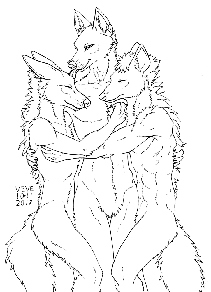 2017 aardwolf anthro arm_around_back athletic athletic_anthro athletic_male biped black_and_white butt_tuft canid canine cheek_tuft chest_tuft crotch_tuft cuddling dated facial_tuft fox front_view group hair half-closed_eyes hand_on_chest hyaenid inner_ear_fluff male mammal mane maned_wolf monochrome narrowed_eyes neck_tuft shoulder_tuft side_view signature skyelegs smile tongue tongue_out trio tuft