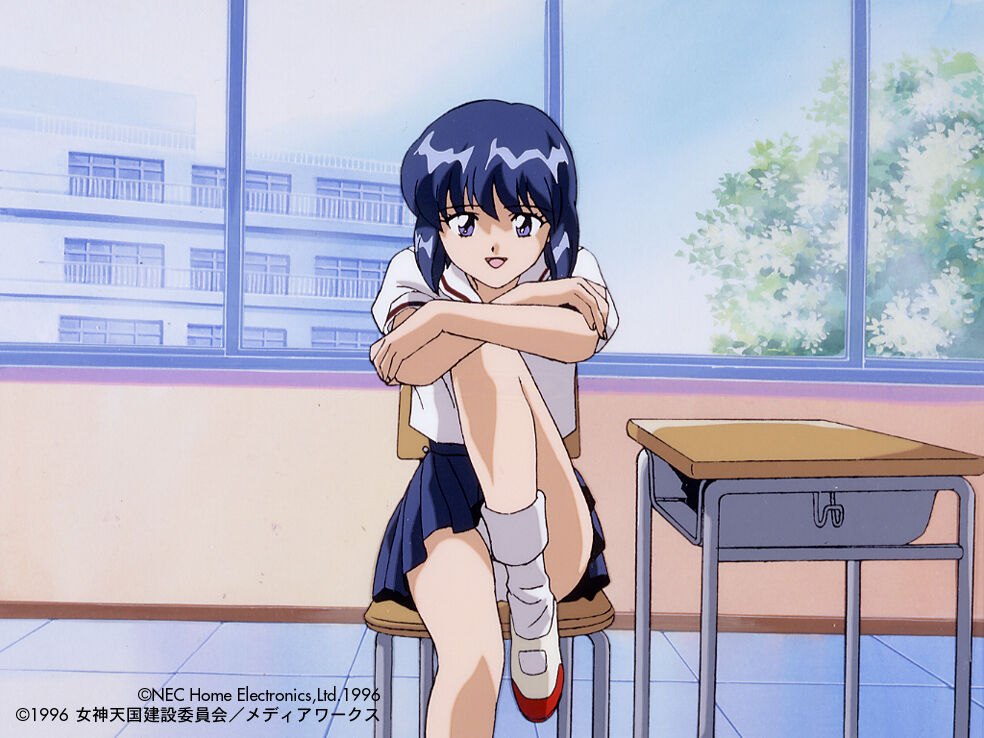 1990s_(style) 1996 1girl blue_eyes blue_hair blue_skirt bob_cut bobby_socks chair city copyright_name day desk fringe_trim indoors knee_up looking_at_viewer megami_paradise official_art open_mouth panties pantyshot pleated_skirt retro_artstyle rouge_(megami_paradise) sailor_collar school school_chair school_desk school_uniform shirt shoes short_hair short_sleeves sitting skirt socks solo tile_floor tiles tree underwear uniform white_legwear white_panties white_shirt yamauchi_noriyasu