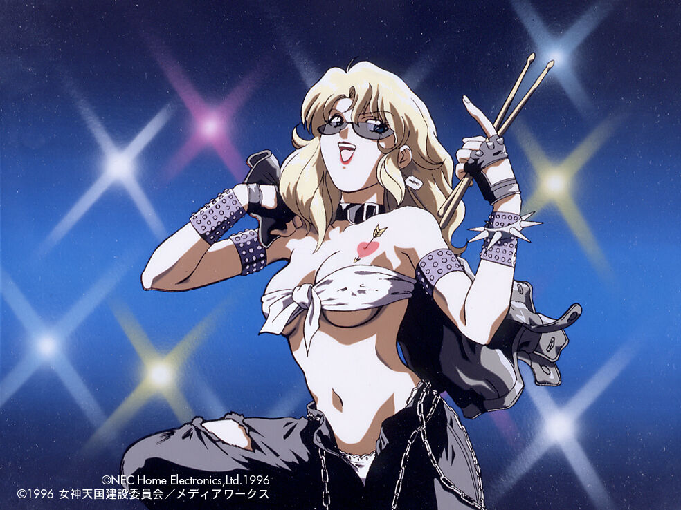 1990s_(style) 1996 1girl armband black_gloves blonde_hair blue_eyes bracelet breast_tattoo breasts chain chest_sarashi choker cleavage company_name drumsticks glasses gloves holding jacket jacket_removed jewelry long_hair maharaja_(megami_paradise) megami_paradise navel official_art open_clothes open_mouth panties pants retro_artstyle sarashi solo spiked_bracelet spikes studded_bracelet sunglasses tattoo torn_clothes underwear white_panties wristband yamauchi_noriyasu