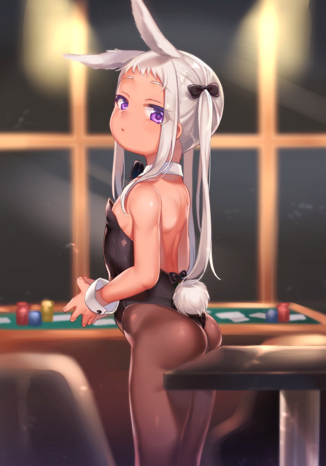 1girl animal_ears ass back bare_shoulders black_leotard bow bowtie casino casino_card_table dark-skinned_female dark_skin detached_collar feet_out_of_frame flat_chest hair_bow highleg highleg_leotard highres indoors leotard long_hair looking_at_viewer maki_(natoriumu) original oversized_breast_cup own_hands_together pantyhose playboy_bunny purple_eyes rabbit_ears rabbit_tail sidelocks silver_hair solo steepled_fingers strapless strapless_leotard tail twintails wrist_cuffs