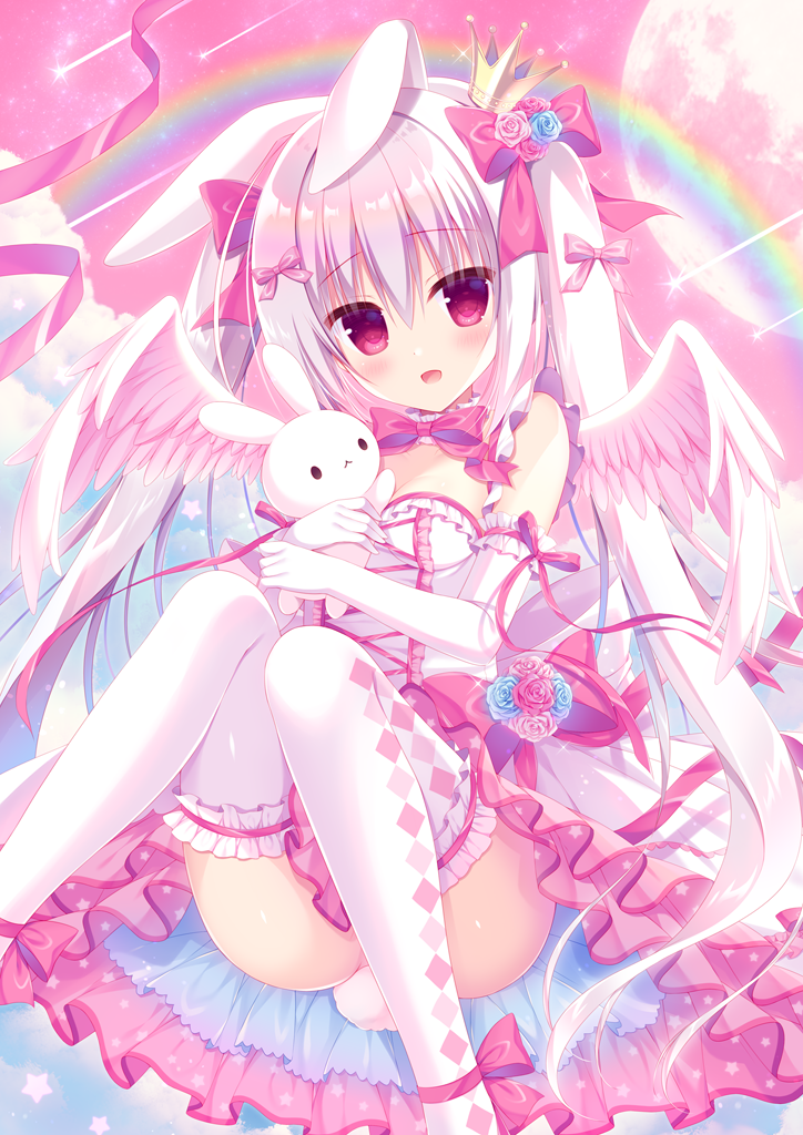 1girl angel_wings animal_ears ass bangs blush bow bowtie breasts checkered_clothes checkered_legwear choker cleavage commentary_request crown elbow_gloves feathered_wings feet_out_of_frame frilled_legwear gloves hair_bow hair_ribbon hasune leg_ribbon long_hair mini_crown no_panties open_mouth original petticoat pink_background pink_hair pink_ribbon rabbit_ears rabbit_tail rainbow ribbon small_breasts solo stuffed_animal stuffed_bunny stuffed_toy tail thighhighs twintails white_legwear white_wings wings