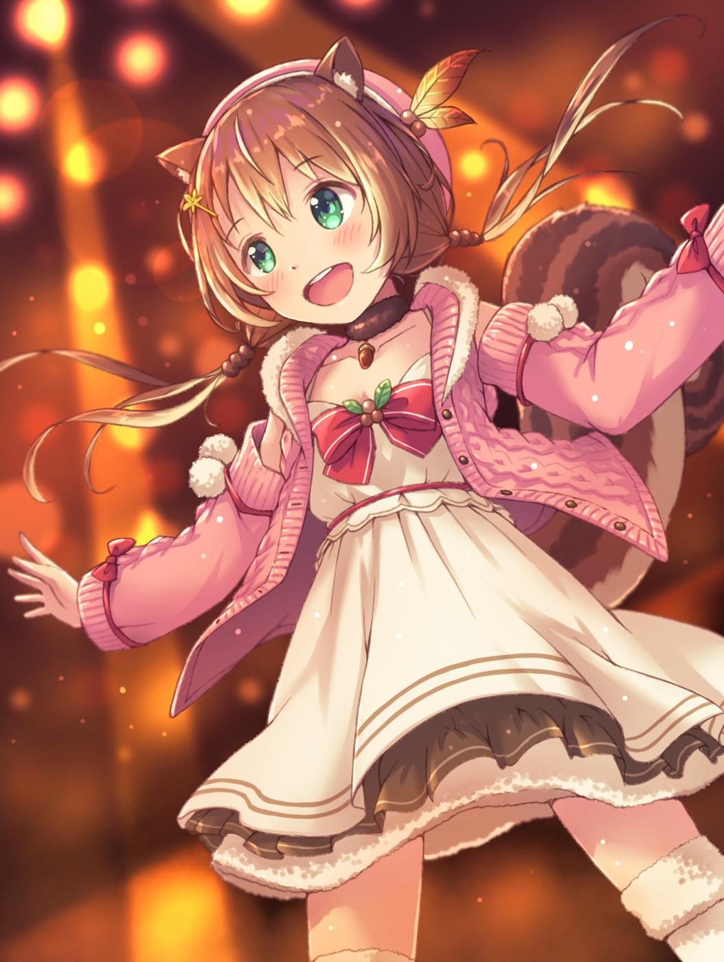 1girl acorn aki_(akisora_hiyori) ayunda_risu bangs beige_dress bow breasts brown_choker brown_hair choker clothing_cutout collarbone fur_choker green_eyes highres hololive hololive_indonesia hood hoodie lens_flare low_twintails medium_breasts open_hands open_mouth pink_hoodie red_bow shoulder_cutout smile solo thighhighs twintails virtual_youtuber