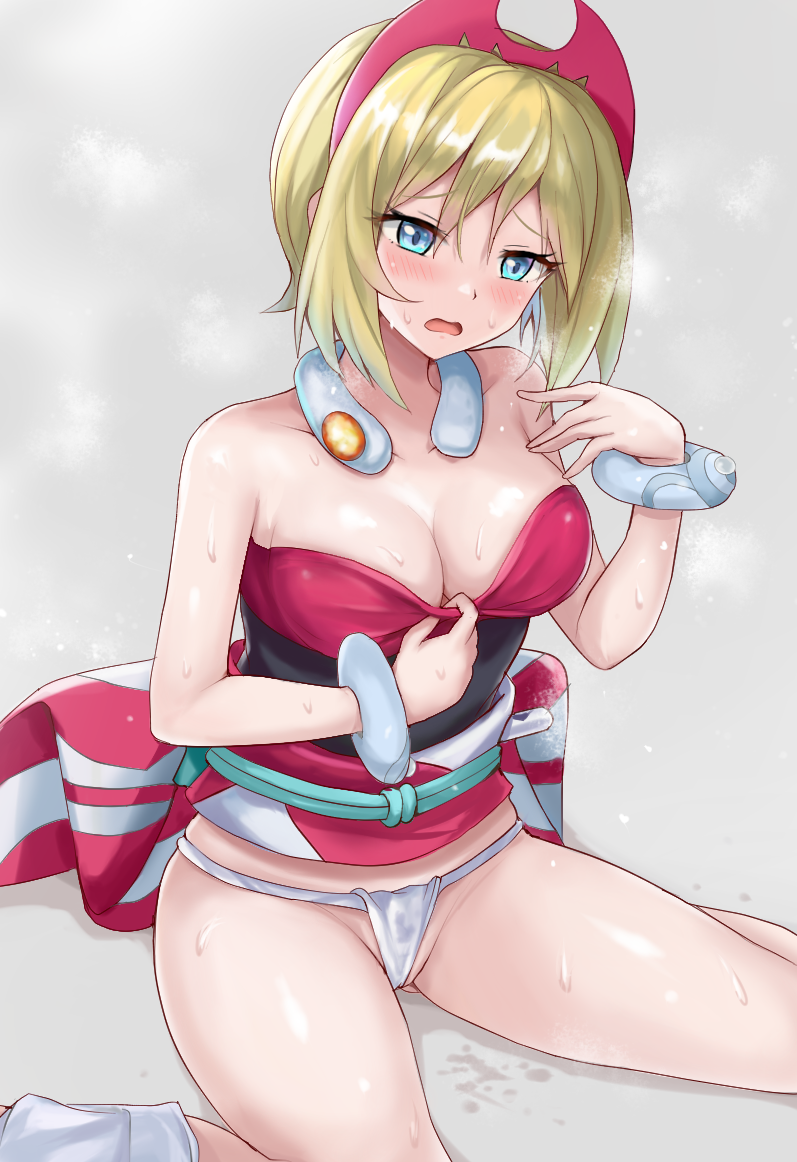 1girl bare_shoulders blonde_hair blue_eyes bracelet breasts cleavage clothes_pull collar collarbone commentary_request fanning_self fundoshi grey_background groin hairband hot irida_(pokemon) japanese_clothes jewelry kneehighs looking_away looking_down medium_breasts open_mouth pokemon pokemon_(game) pokemon_legends:_arceus r-binon red_hairband short_hair simple_background sitting solo strapless sweat thighs wariza white_legwear