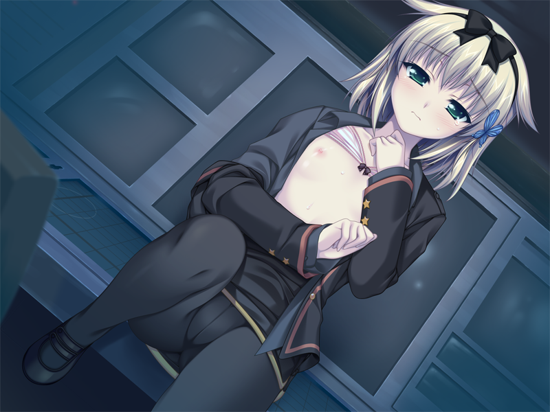 1girl alpha_(yukai_na_nakamatachi) bangs black_bow black_hairband black_legwear black_shirt bow bow_hairband bra bra_lift butterfly_hair_ornament closed_mouth eyebrows_visible_through_hair flat_chest game_cg green_eyes hair_between_eyes hair_bow hair_ornament hairband indoors long_hair long_sleeves looking_at_viewer nipples open_clothes open_shirt pantyhose sarasa_crain_femiluna shirt silver_hair sitting solo sweatdrop tears underwear w.l.o_sekai_ren'ai_kikou white_bra