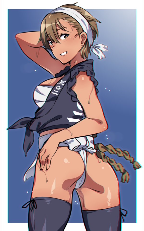 1girl ass black_legwear blue_background blush brave_witches breasts brown_eyes brown_hair em_(totsuzen_no_hakike) eyebrows_visible_through_hair from_behind fundoshi japanese_clothes large_breasts looking_at_viewer looking_back sarashi shiny shiny_hair short_hair simple_background sleeveless smile solo standing thighhighs waltrud_krupinski world_witches_series