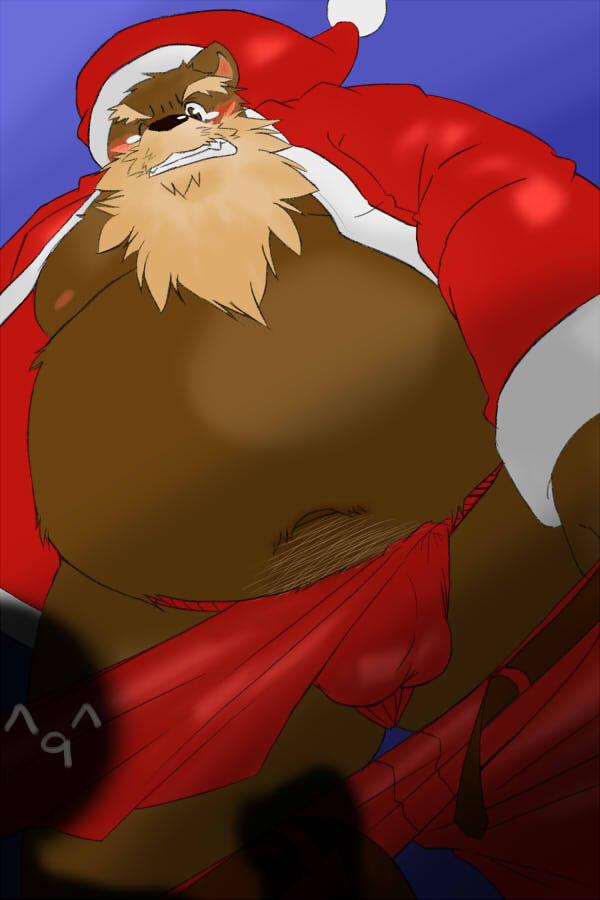 2012 anthro asian_clothing beard belly big_belly blush brown_body brown_fur bulge christmas christmas_clothing christmas_headwear clothing east_asian_clothing facial_hair fundoshi fur hat headgear headwear holidays japanese_clothing kemono male mammal moobs navel nipples overweight overweight_male red_clothing red_fundoshi red_underwear santa_hat sin_lud_rag solo_focus underwear ursid