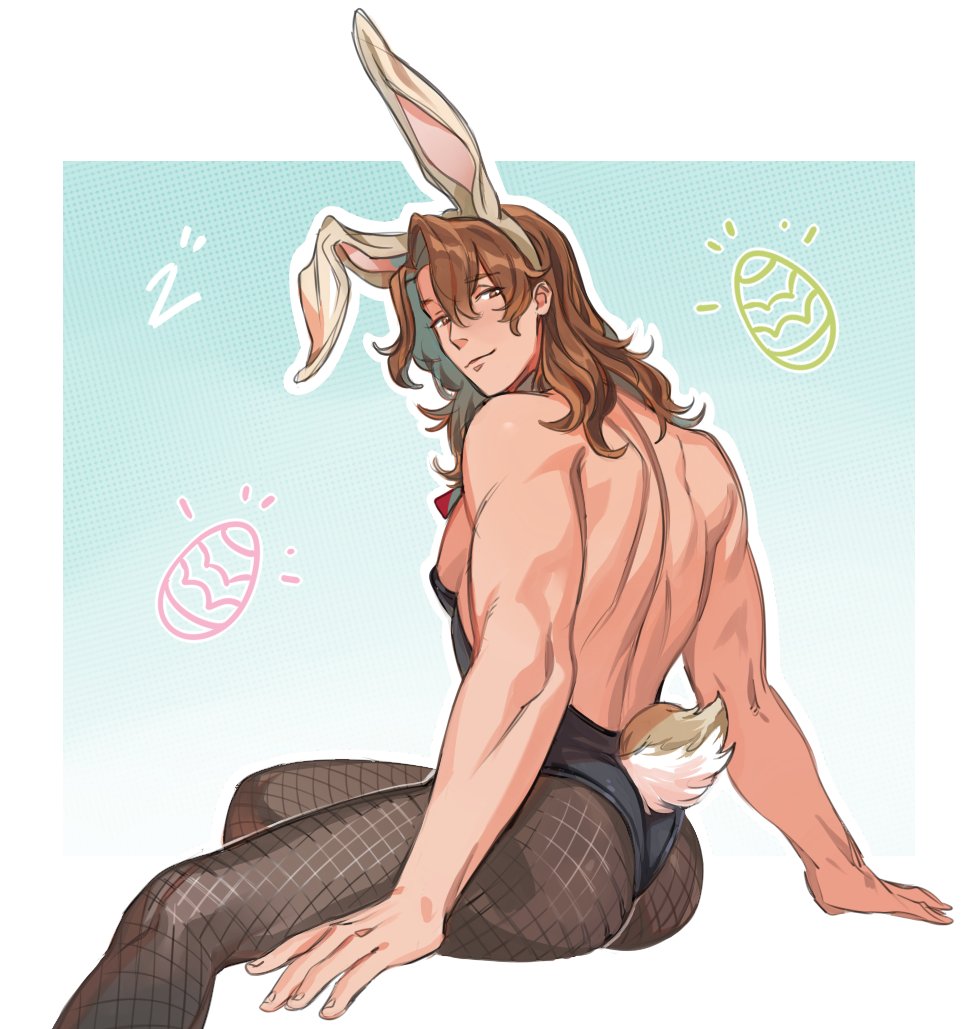 1boy alternate_costume animal_ears arms_behind_back ass backless_outfit bangs bara bare_back bare_shoulders brown_hair closed_mouth cowboy_shot easter_egg egg eyebrows_visible_through_hair fake_animal_ears fake_tail from_behind granblue_fantasy hair_between_eyes kemonomimi_mode long_hair looking_at_viewer looking_back male_focus male_playboy_bunny muscular muscular_male natural_virtue pantyhose pectorals rabbit_boy rabbit_ears rabbit_tail siegfried_(granblue_fantasy) simple_background sitting skin_tight smile solo tail thighhighs