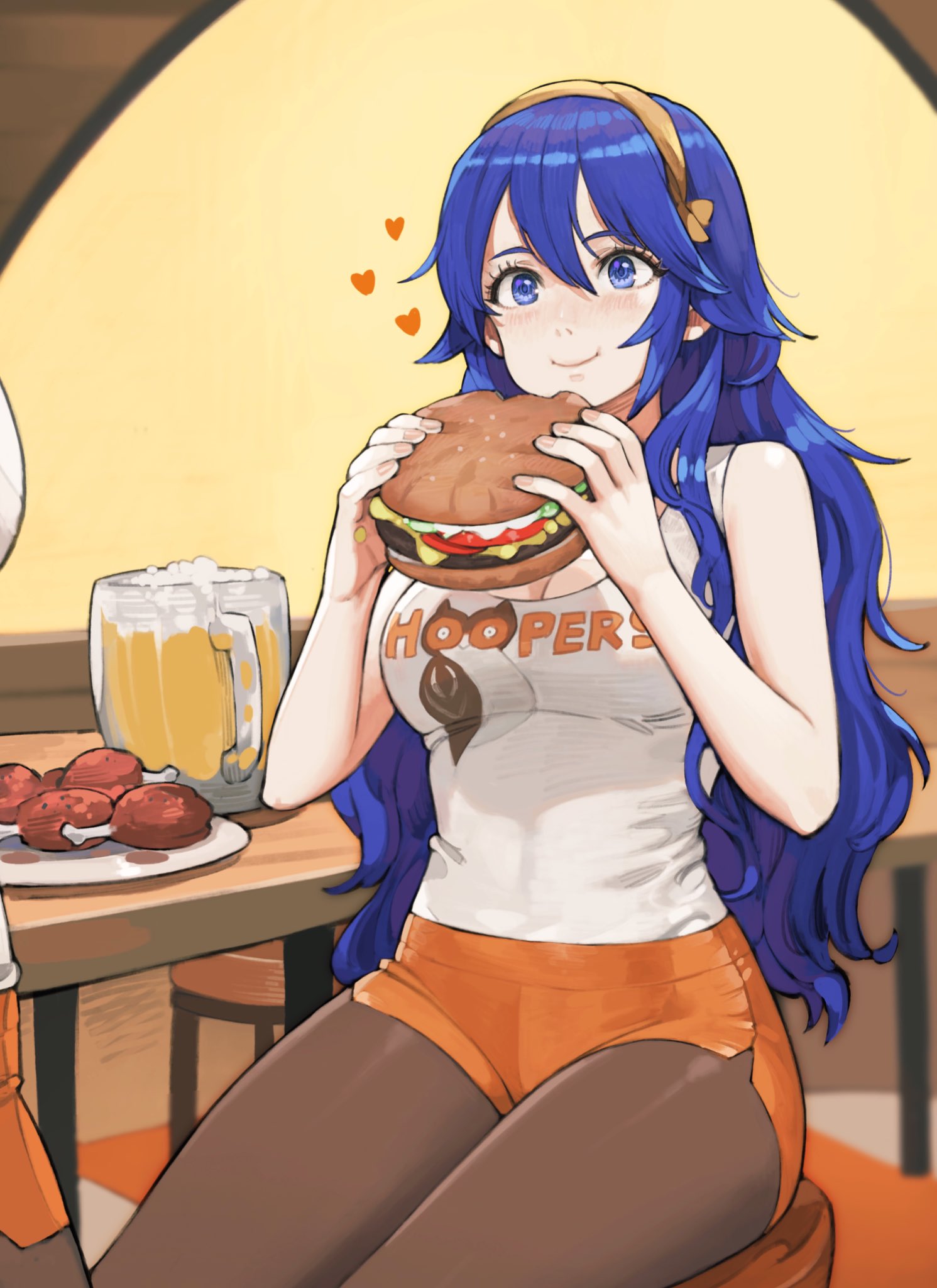 2girls alternate_costume beer_mug blue_eyes blue_hair blush brand_name_imitation breasts brown_legwear burger chicken_(food) cleavage closed_mouth commentary commission cowboy_shot crossover cup eating eyelashes fire_emblem fire_emblem_awakening food hair_between_eyes hairband heart highres holding holding_food hooters jun_(seojh1029) long_hair lucina_(fire_emblem) medium_breasts mug multiple_girls orange_shorts pantyhose plate short_shorts shorts sitting skeb_commission sleeveless smile solo_focus stool symbol-shaped_pupils table tank_top taut_clothes wavy_hair white_tank_top