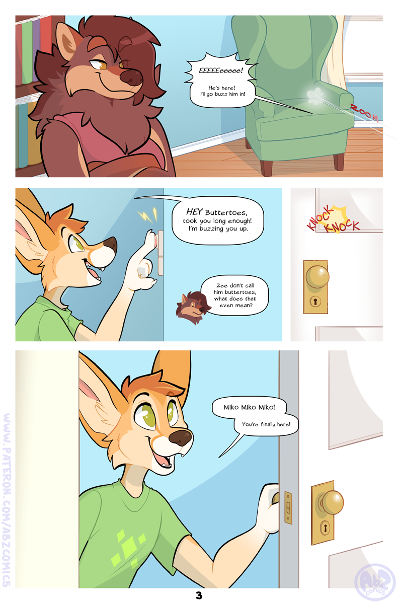 anthro bookshelf canid canine canis chair comic dialogue door duo excited female fennec fink_(artist) fox furniture hi_res intersex intersex/intersex kali_(artist) male mammal opening_door speech_bubble tagme wolf
