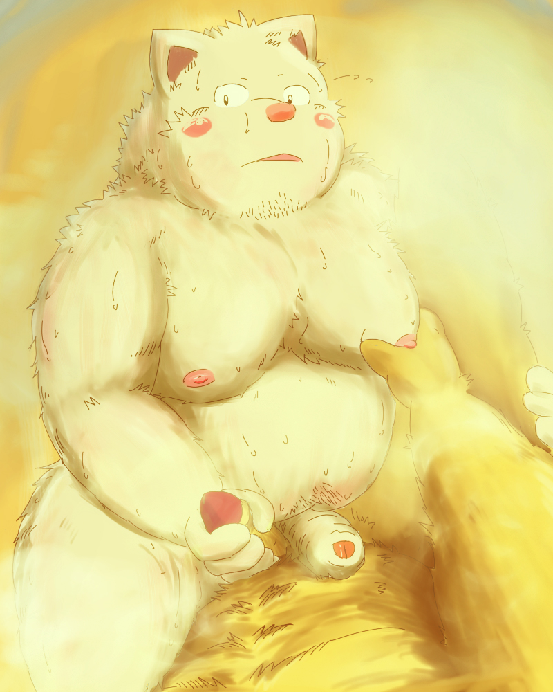 2013 anthro belly big_belly blush bodily_fluids canid canine canis domestic_dog duo genitals humanoid_genitalia humanoid_hands humanoid_penis kemono lying male male/male mammal moob_grab moobs nipples overweight overweight_male penis shimm sitting sweat young