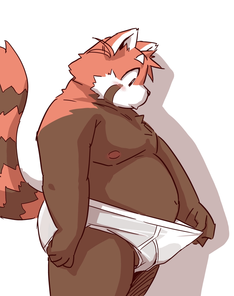 2022 ailurid anthro balls barely_visible_balls barely_visible_genitalia belly blush briefs bulge clothing futaba_kotobuki genitals humanoid_hands kemono male mammal moobs nipples overweight overweight_male red_panda simple_background solo takagi_kyou tighty_whities trouble_(series) underwear white_clothing white_underwear