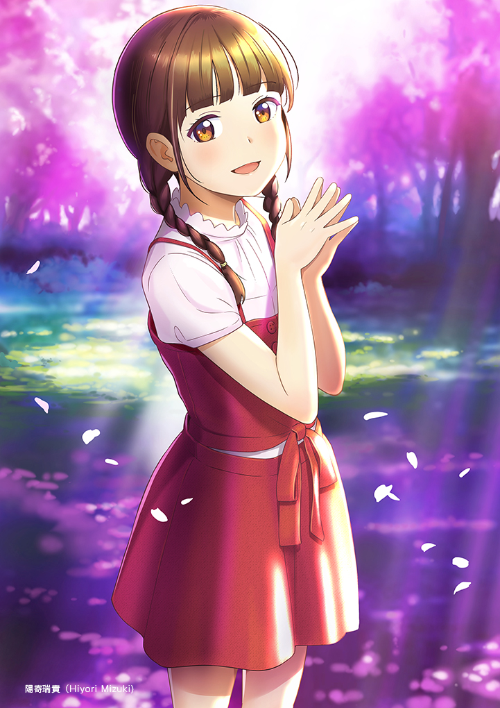 1girl :d artist_name bangs blunt_bangs blurry blush braid brown_eyes brown_hair buttons character_request cherry_blossoms copyright_request depth_of_field eyebrows_visible_through_hair falling_petals hair_over_shoulder hiyori_mizuki long_hair looking_at_viewer open_mouth outdoors own_hands_together petals puffy_short_sleeves puffy_sleeves red_skirt shirt short_sleeves skirt smile solo spring_(season) standing steepled_fingers tree twin_braids twintails white_shirt wind