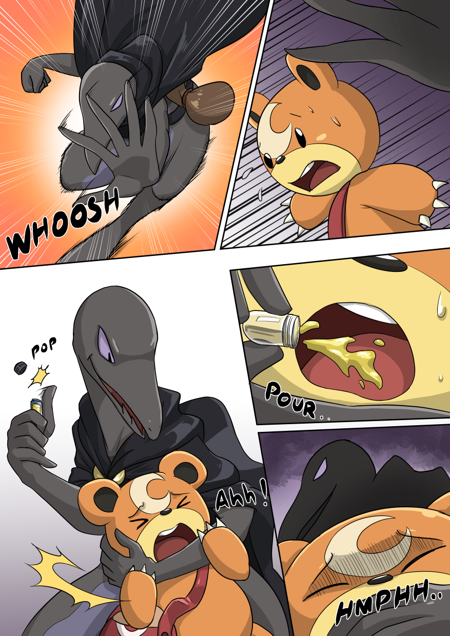 anthro cloak clothing coin_purse comic drugged duo english_text grabbing hi_res nintendo open_mouth pok&eacute;mon pok&eacute;mon_(species) ryme_(totodice1) salazzle substance_intoxication teddiursa text video_games voidtails