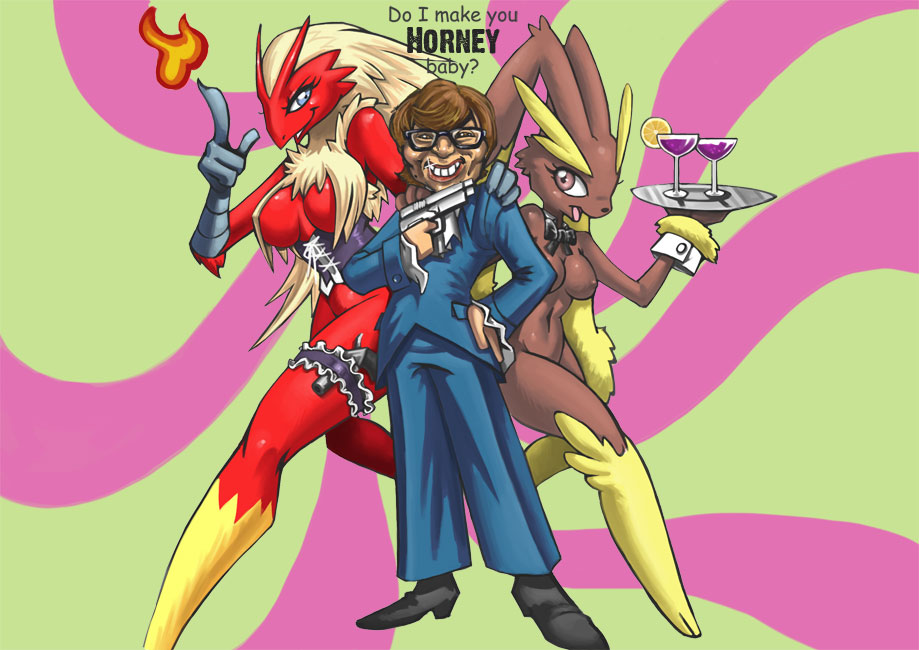 abstract_background alcohol alcoholic_drink anthro austin_powers austin_powers_(character) austin_powers_joke avian beak beverage big_breasts bird bittenhard black_bowtie black_clothing black_footwear black_nose black_shoes blaziken blonde_hair blue_bottomwear blue_clothing blue_eyes blue_pants blue_suit bottomwear bow_tie breasts brown_body brown_fur brown_hair business_suit chicken_breasts clothing collar collar_only container corset_only cuff_links cuffs_(clothing) cup drinking_glass elemental_manipulation eyebrows eyelashes eyes_closed eyewear feathers female finger_gun fire fire_manipulation food_tray footwear fur galliform gesture glass glass_container glass_cup glasses glistening glistening_body grin group gun hair hand_gesture hand_on_shoulder handgun homage human lagomorph larger_female legband long_ears long_eyebrows long_feathers lopunny male mammal medium_breasts muscular muscular_female navel necktie nintendo nipple_outline non-mammal_breasts nude open_mouth open_smile orange_slice pants parody pink_eyes pistol pok&eacute;mon pok&eacute;mon_(species) pose psychedelic_background ranged_weapon red_beak red_body red_feathers simple_background size_difference smaller_male smile suit talon_hands video_games weapon white_necktie wine wine_glass yellow_body yellow_fur