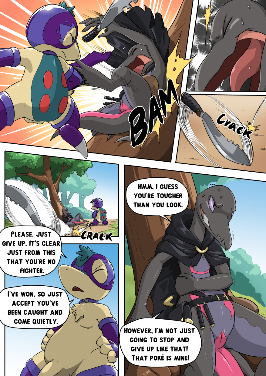 against_natural_surface against_surface against_tree belt_collar cloak clothing comic costume cyndaquil dialogue duo english_text flaccid genitals hi_res knife nintendo penis plant pok&eacute;mon pok&eacute;mon_(species) primal_(infycharmander) pussy ryme_(totodice1) salazzle text torn_clothing tree video_games voidtails