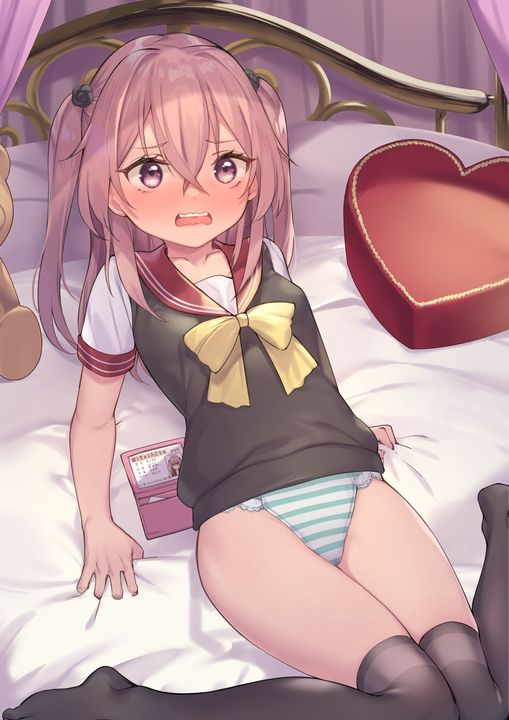 1girl aqua_panties bangs bed black_flower black_legwear black_shirt blush bow breasts collarbone crossed_bangs eyebrows_visible_through_hair flower hair_between_eyes hair_flower hair_ornament id_card indoors inui_sajuna knees_together_feet_apart long_hair lying no_shoes on_back on_bed open_mouth panties pillow pink_eyes pink_hair sailor_collar school_uniform sheet_grab shennai_misha shirt short_sleeves small_breasts solo sono_bisque_doll_wa_koi_wo_suru striped striped_panties stuffed_animal stuffed_toy tears teddy_bear thighhighs two_side_up underwear wallet wavy_mouth wide-eyed