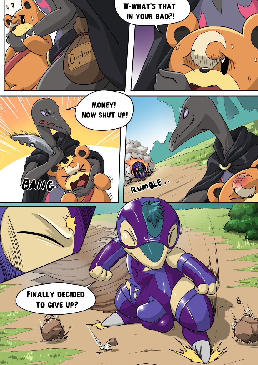 anthro bulge cloak clothing coin_purse comic costume cyndaquil dialogue duo_focus english_text fire grabbing group hi_res knife male nintendo plant pok&eacute;mon pok&eacute;mon_(species) primal_(infycharmander) rollout ryme_(totodice1) salazzle shrub solo_focus teddiursa text torn_clothing video_games voidtails
