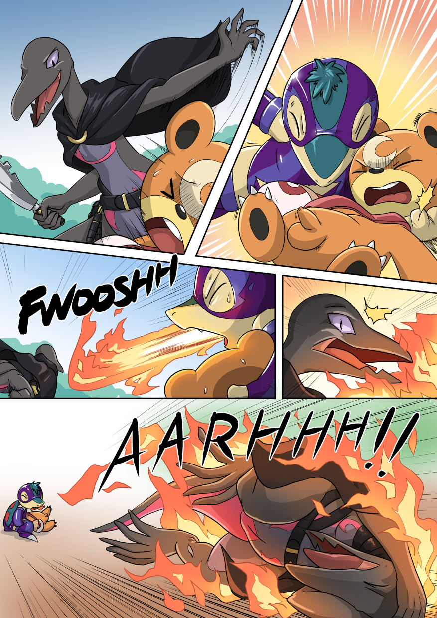 belt cloak clothing comic costume cyndaquil english_text female fire flaccid foreskin genitals grabbing group hi_res knife male nintendo penis pok&eacute;mon pok&eacute;mon_(species) primal_(infycharmander) pussy ryme_(totodice1) salazzle teddiursa text torn_clothing video_games voidtails