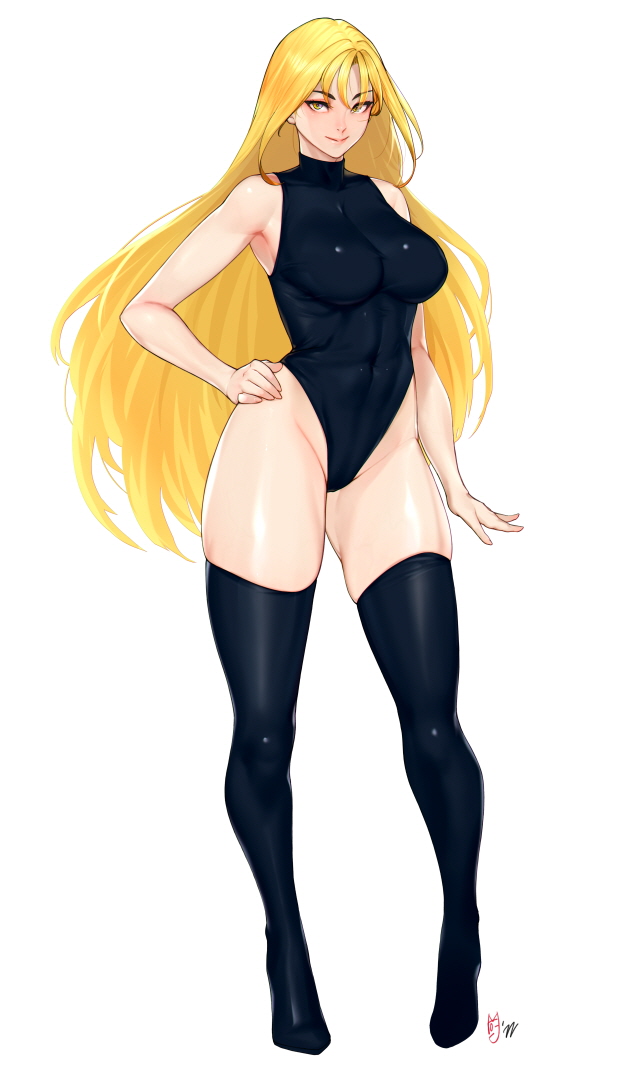 1girl bangs black_legwear blonde_hair breasts covered_abs full_body hand_on_hip highleg highleg_leotard large_breasts leotard long_hair original skin_tight skindentation smile solo standing thighhighs thighs white_background zcune