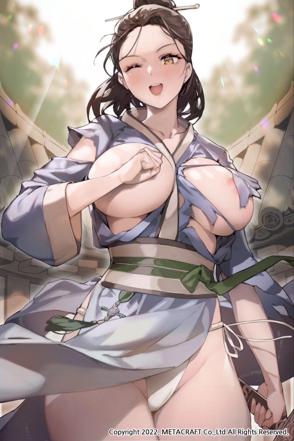 1girl areola_slip areolae blush breasts breasts_out brown_eyes brown_hair copyright_request fundoshi hand_on_own_chest highres japanese_clothes kimono large_breasts long_sleeves looking_at_viewer ludaf one_eye_closed outdoors rooftop sash smile solo sunlight sword topknot torn_clothes weapon