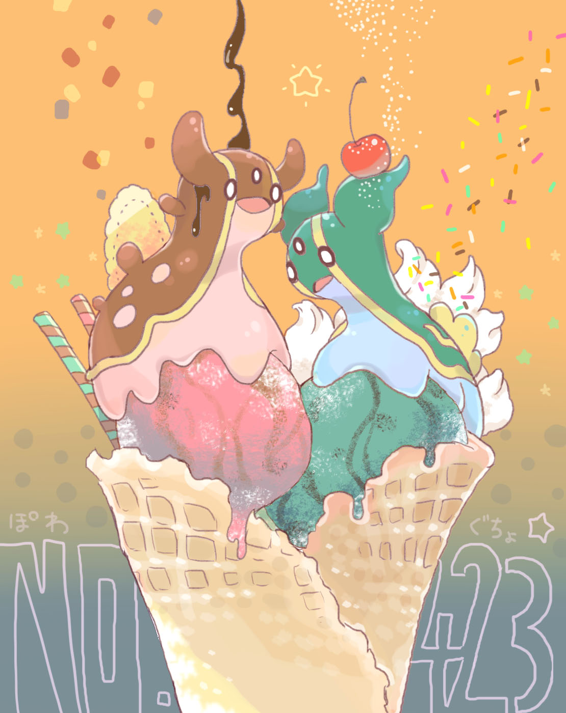 akadako animal_focus cherry chocolate commentary_request cream dated_commentary food food_focus food_on_head fruit full_body gastrodon gastrodon_(east) gastrodon_(west) gradient gradient_background happy highres ice_cream ice_cream_cone in_food looking_down no_humans object_on_head one-hour_drawing_challenge open_mouth orange_background partial_commentary pokedex_number pokemon pokemon_(creature) smile sprinkles star_(symbol) translation_request wafer_stick waffle_cone white_eyes