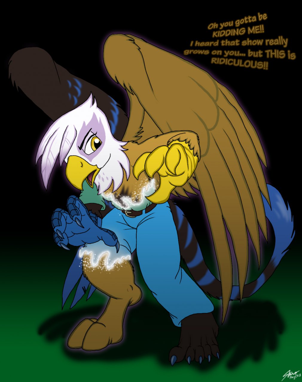 4_fingers avian beak brown_body brown_feathers catmonkshiro claws clothing english_text feathered_wings feathers female fingers friendship_is_magic front_view gender_transformation gilda_(mlp) gryphon half-closed_eyes hasbro hi_res mtf_transformation my_little_pony mythological_avian mythology narrowed_eyes open_mouth signature standing text tf_into_fictional_character transformation unamused white_body white_feathers wings yellow_beak yellow_eyes