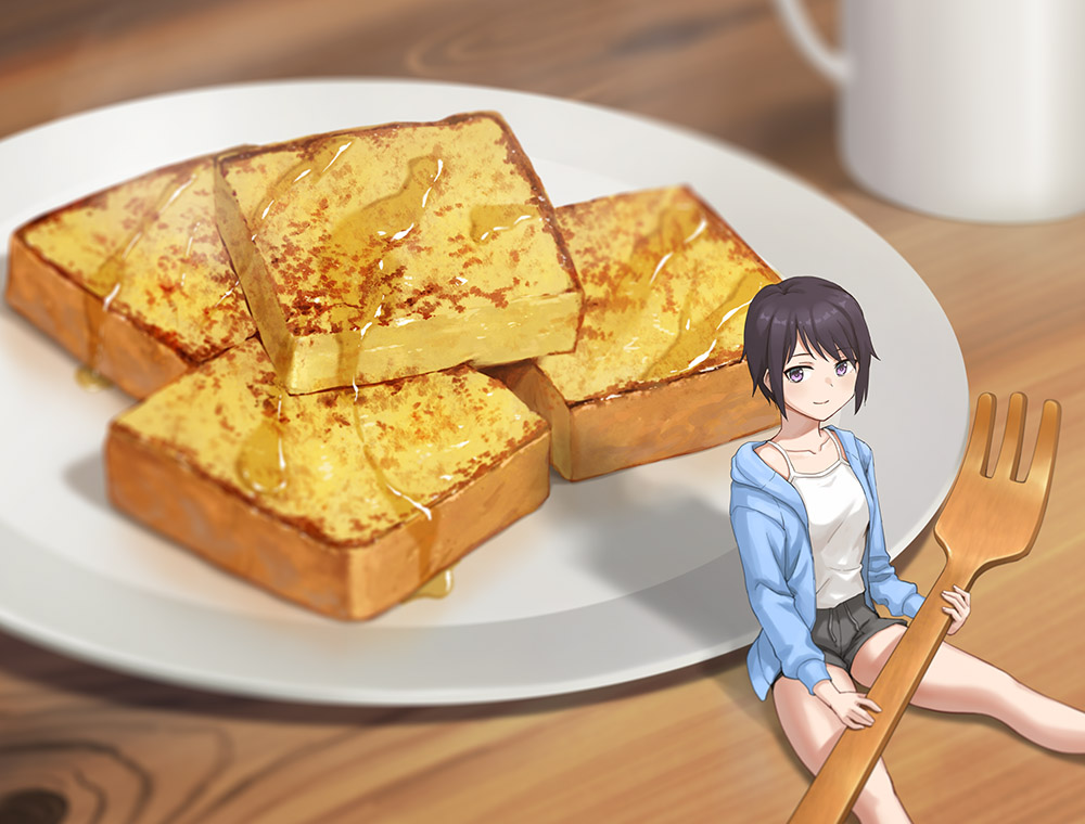 1girl black_hair camisole food fork french_toast hashi holding holding_fork honey hood hoodie minigirl original purple_eyes short_hair short_shorts shorts sitting smile solo wooden_fork