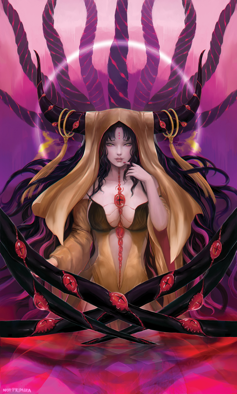1girl artist_name bangs black_hair breasts cleavage commentary dated_commentary demon_pillar_(fate) dress eyeball facial_mark fate/grand_order fate_(series) finger_to_own_chin fingernails forehead_mark forehead_tattoo halo highres horn_ornament horn_ring horns large_breasts long_hair long_sleeves looking_at_viewer multicolored_hair nail_polish notprimula parted_bangs parted_lips pink_hair pink_nails sesshouin_kiara sesshouin_kiara_(beast_iii/r) sidelocks smile solo streaked_hair tassel teeth tentacles veil very_long_hair wide_sleeves yellow_dress yellow_eyes yellow_headwear