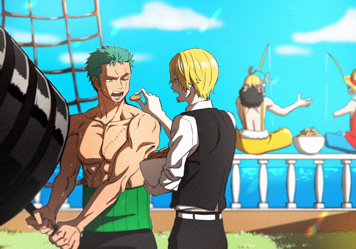 4boys black_vest blonde_hair dumbbell feeding feet_out_of_frame fishing green_hair hair_over_one_eye male_focus multiple_boys muscular muscular_male one_piece open_mouth oversized_object pectorals roronoa_zoro sanji scar scar_across_eye scar_on_chest short_hair sideburns sunlight sweat taro_(honyarara00) tony_tony_chopper topless_male usopp vest weightlifting