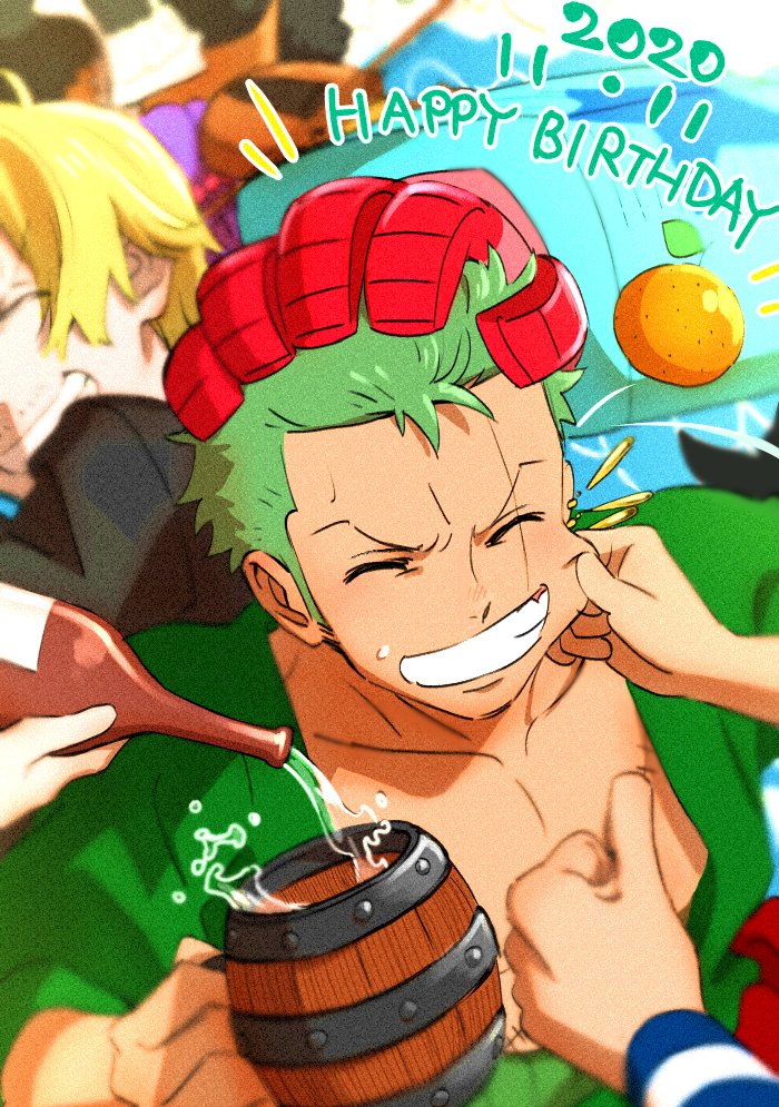 4boys beer_mug blonde_hair blush bottle brook cup food franky fruit green_hair hair_over_one_eye happy_birthday headpat male_focus mandarin_orange mug multiple_boys one_piece pouring roronoa_zoro sanji scar scar_across_eye short_hair sideburns sweatdrop taro_(honyarara00) upper_body usopp wine_bottle