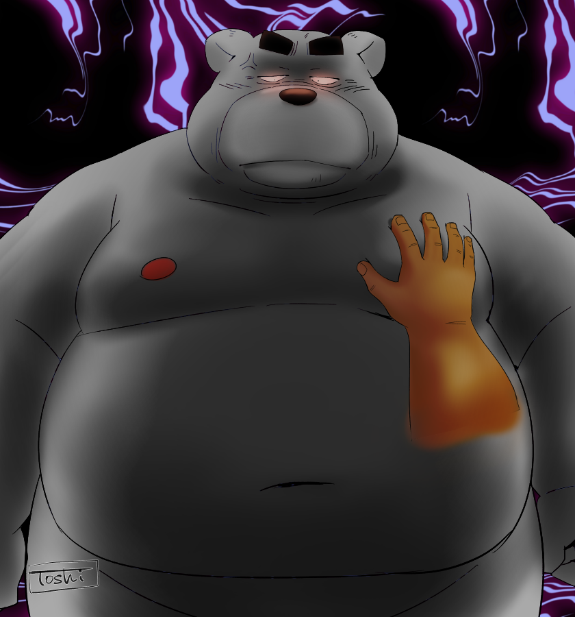 2022 angry anthro belly big_belly grey_body humanoid_hands kemono male mammal moob_grab moobs navel nipples overweight overweight_male solo_focus toshi_(artist) ursid