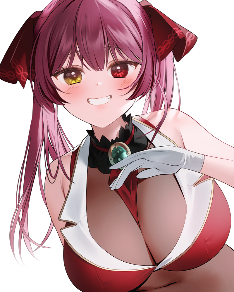 1girl ascot bare_shoulders blush breasts cleavage hair_ribbon heterochromia hololive hololive_fantasy houshou_marine large_breasts leotard leotard_under_clothes long_hair looking_at_viewer mannermana pirate red_ascot red_eyes red_hair red_ribbon ribbon see-through_leotard sleeveless sleeveless_jacket solo twintails very_long_hair virtual_youtuber yellow_eyes