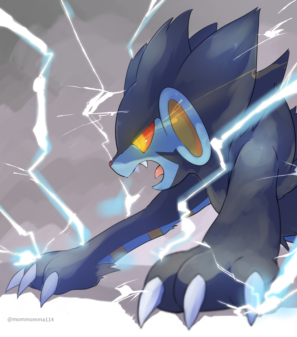 ambiguous_gender black_body black_fur blue_body blue_fur claws cloudy feral fur lightning looking_back luxray mommomma114 multicolored_body multicolored_fur nintendo overcast pok&eacute;mon pok&eacute;mon_(species) red_eyes roaring sky solo video_games