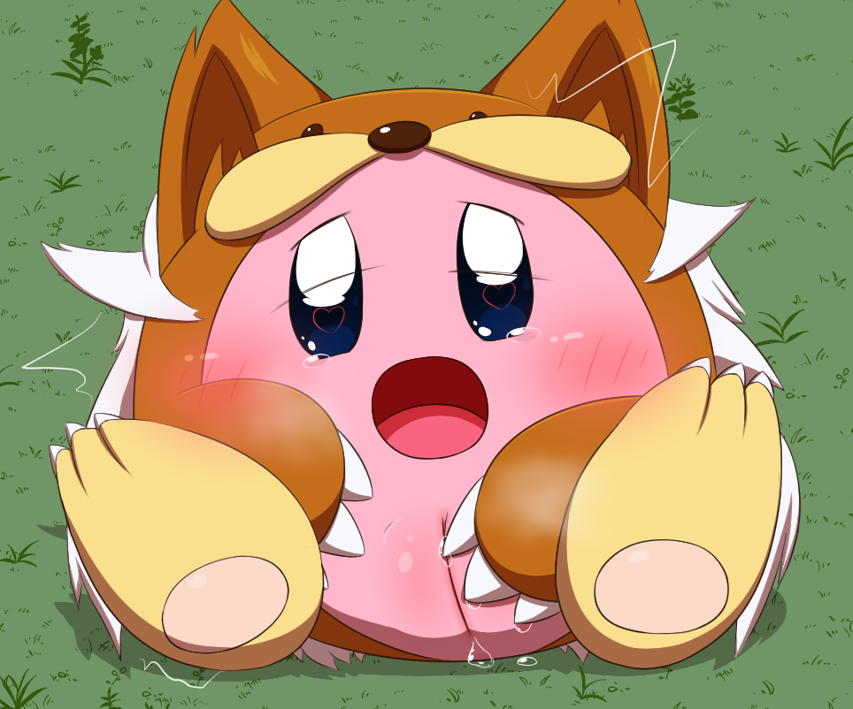 &lt;3 &lt;3_eyes :o blush bodily_fluids claws clothing costume crossgender female fingering fursuit genital_fluids genitals grass kirby kirby_(series) minami_(artist) nintendo open_mouth pink_body plant plump_labia pussy pussy_juice solo tears tears_of_pleasure vaginal vaginal_fingering video_games waddling_head