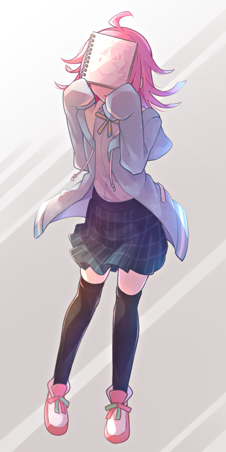 :&gt; ahoge bangs black_legwear blue_jacket blue_skirt checkered_clothes checkered_skirt commentary_request flat_chest full_body grey_background hands_up holding holding_sketchbook hood hooded_jacket jacket long_sleeves love_live! love_live!_nijigasaki_high_school_idol_club morugen neck_ribbon one_eye_closed open_mouth pink_footwear pink_hair ribbon rina-chan_board shirt shoes short_hair sketchbook skirt sleeves_past_wrists sneakers solo tennouji_rina thighhighs white_shirt yellow_ribbon