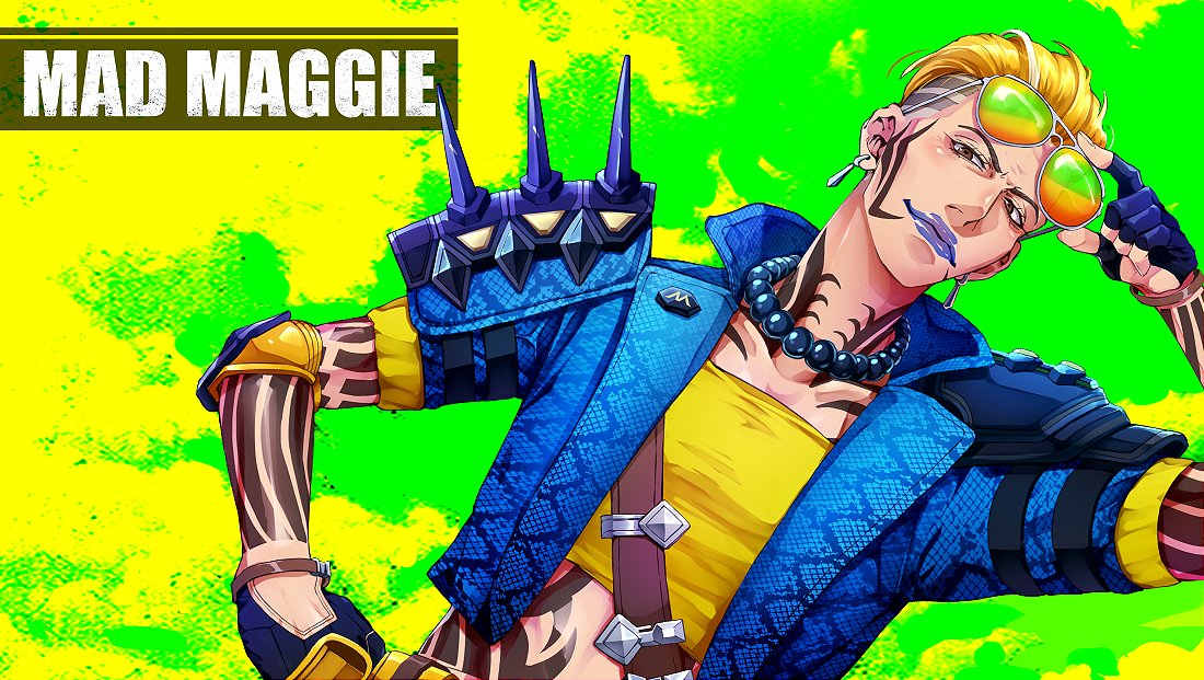 1girl above_the_law_mad_maggie apex_legends blonde_hair blue_gloves breasts brown_eyes character_name collarbone crop_top elbow_pads gloves hair_slicked_back hand_on_hip holding holding_eyewear mad_maggie_(apex_legends) official_alternate_costume purple_lips senbiki_(nonono69) shoulder_spikes small_breasts smile solo spikes sunglasses undercut v-shaped_eyebrows