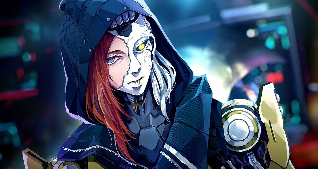 1girl android apex_legends ash_(titanfall_2) ash_(titanfall_2)_(cosplay) ashleigh_reid black_sclera blue_eyes blurry blurry_background broken_mask cable colored_sclera cosplay glowing glowing_eye looking_at_viewer mask mechanical_arms portrait red_hair science_fiction senbiki_(nonono69) silver_hair simulacrum_(titanfall) single_mechanical_arm solo yellow_eyes
