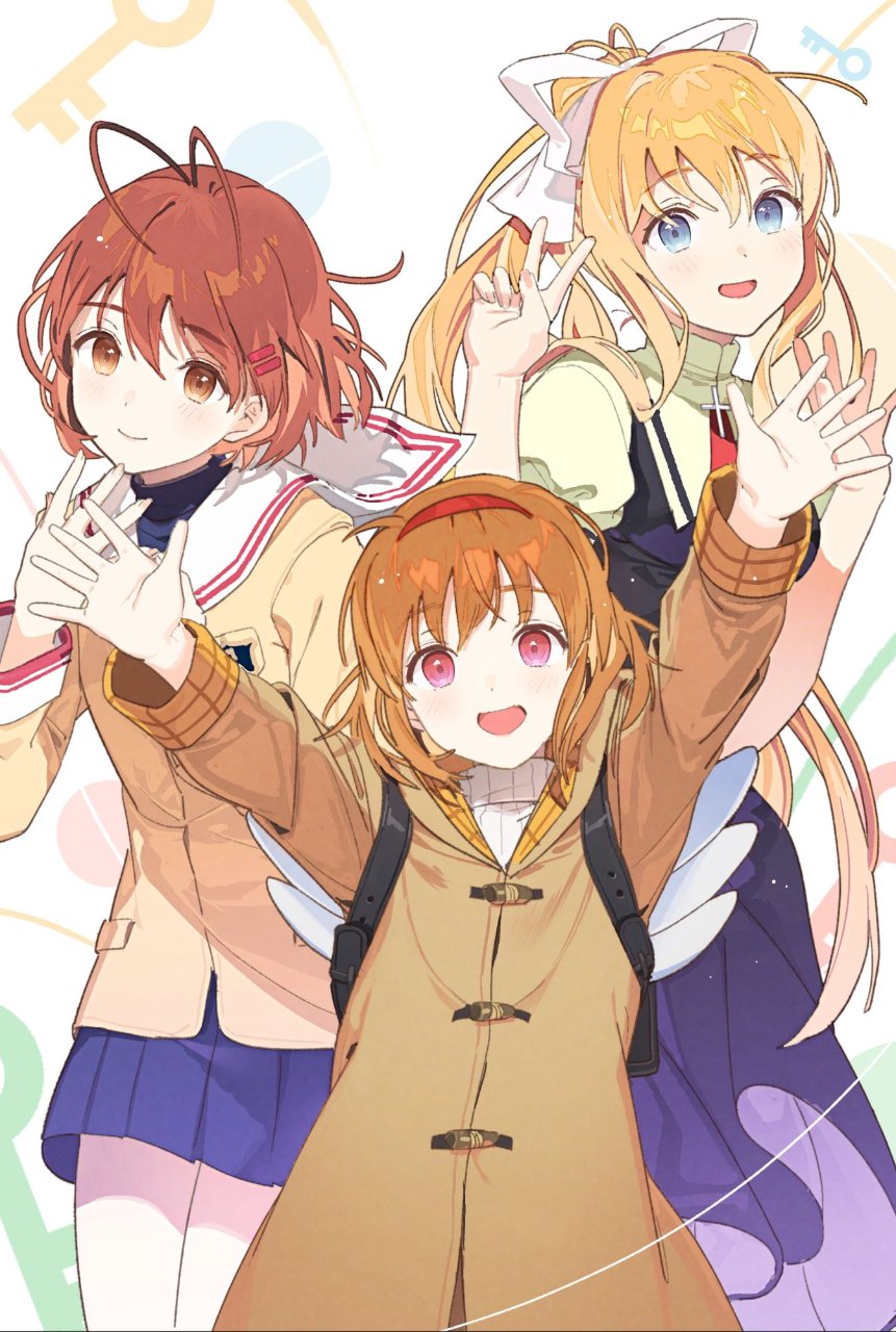 3girls :d air antenna_hair arms_up backpack bag black_bag blonde_hair blue_dress blue_skirt bow brown_coat brown_eyes brown_hair brown_jacket clannad closed_mouth coat commentary company_connection dress fake_wings furukawa_nagisa hair_bow hair_ornament hairband hairclip high_ponytail highres hikarizaka_private_high_school_uniform jacket juliet_sleeves kamio_misuzu kanon key key_(company) koyoi_mitsuki long_hair long_sleeves multiple_girls open_mouth puffy_sleeves red_hairband sailor_collar school_uniform shirt short_hair skirt sleeve_cuffs smile tsukimiya_ayu v white_bow white_sailor_collar white_wings wings yellow_shirt