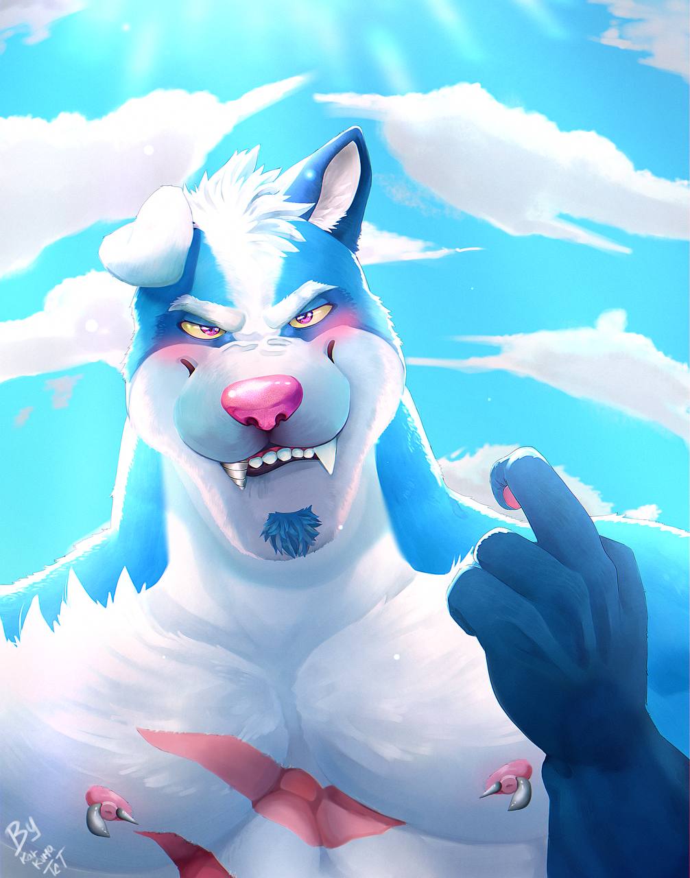 anthro background_sky blue_body blue_fur blush canid canine canis cloud facial_hair fangs floppy_ears fur goatee hi_res karkuma male mammal muscular nipple_piercing nipples piercing portrait purple_eyes scar solo wolf