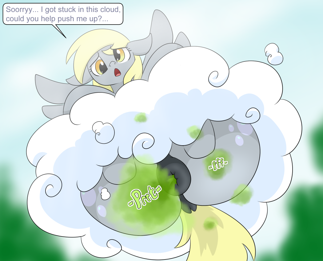 anus blonde_hair cloud dendollae derpy_hooves_(mlp) dock ears_down english_text equid equine eyelashes fart fart_cloud fart_fetish female friendship_is_magic grey_body hair hasbro looking_down mammal my_little_pony onomatopoeia open_mouth pegasus pivoted_ears puffy_anus sound_effects text wings yellow_tail