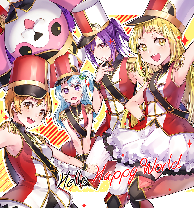 5girls :d animal_costume band_uniform bang_dream! bangs bear_costume blonde_hair blue_hair blush brown_eyes group_name hair_ornament hair_ribbon hat hello_happy_world! kitazawa_hagumi light_blue_hair long_hair looking_at_viewer mascot_costume matsubara_kanon michelle_(bang_dream!) multiple_girls okusawa_misaki one_side_up open_mouth orange_hair ponytail purple_eyes purple_hair ribbon seta_kaoru short_hair smile tiny_(tini3030) tsurumaki_kokoro yellow_eyes