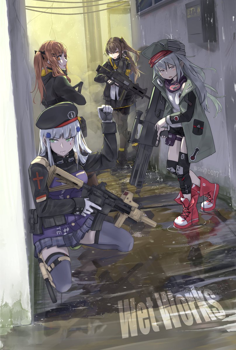 404_(girls'_frontline) 4girls arm_up assault_rifle bangs beret black_gloves black_legwear black_ribbon blunt_bangs blush brown_hair commentary_request eyebrows_visible_through_hair facial_mark fingerless_gloves full_body g11_(girls'_frontline) girls'_frontline gloves green_eyes green_jacket grey_eyes grey_hair gun h&amp;k_g11 h&amp;k_hk416 h&amp;k_ump9 hair_between_eyes hair_ornament hair_ribbon hairclip hat highres hk416_(girls'_frontline) holding jacket long_hair looking_at_viewer multiple_girls one_side_up orange_eyes pantyhose parted_lips plaid plaid_skirt puddle rain ribbon rifle scar scar_across_eye scar_on_face shirt shoes shu70077 silver_hair skirt sleepy sleeveless sleeveless_shirt smile sneakers squatting standing teardrop thighhighs twintails ump45_(girls'_frontline) ump9_(girls'_frontline) weapon white_gloves white_shirt