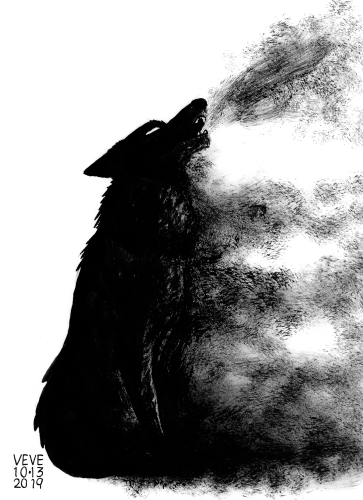 2019 ambiguous_gender black_and_white canid canine canis dated ears_back empty_eyes fangs feral howl mammal monochrome neck_tuft open_mouth pivoted_ears signature silhouette sitting skyelegs smoke solo tuft wolf